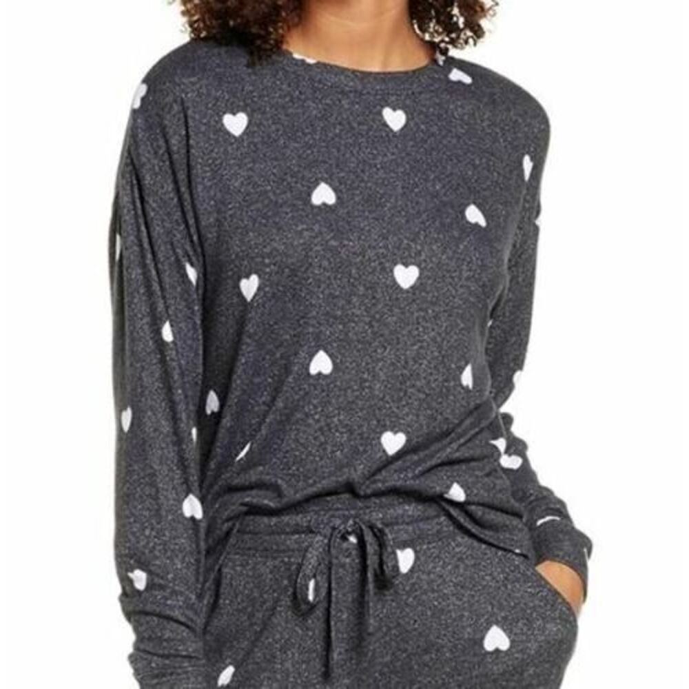 BP Women's Cozy Long Sleeeve Heart Print Top Black/White X-Small MSRP $49